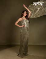 Load image into Gallery viewer, High-shine olive-gold Pallu Drape