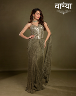 Load image into Gallery viewer, High-shine olive-gold Pallu Drape