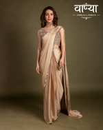 Load image into Gallery viewer, Pre-stitched champagne gold satin saree