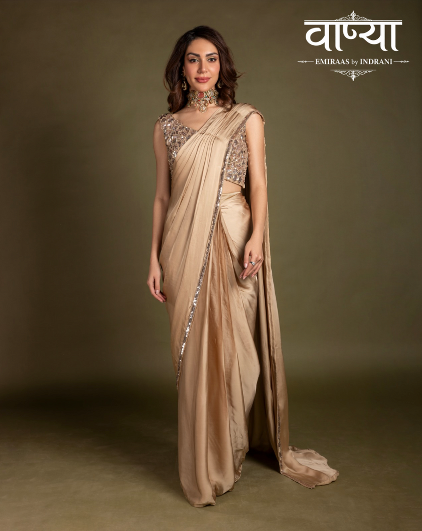 Pre-stitched champagne gold satin saree