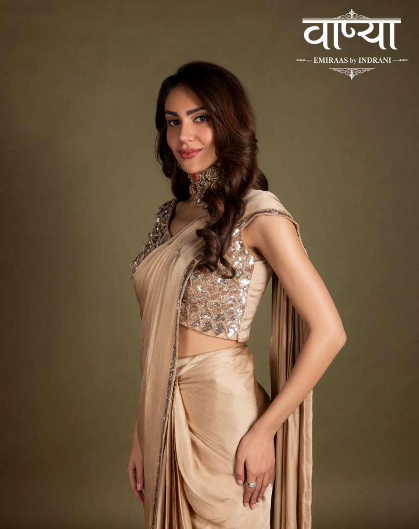 Pre-stitched champagne gold satin saree