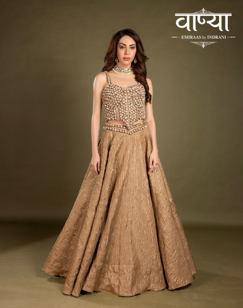 Geometric-patterned bodice with champagne-gold skirt