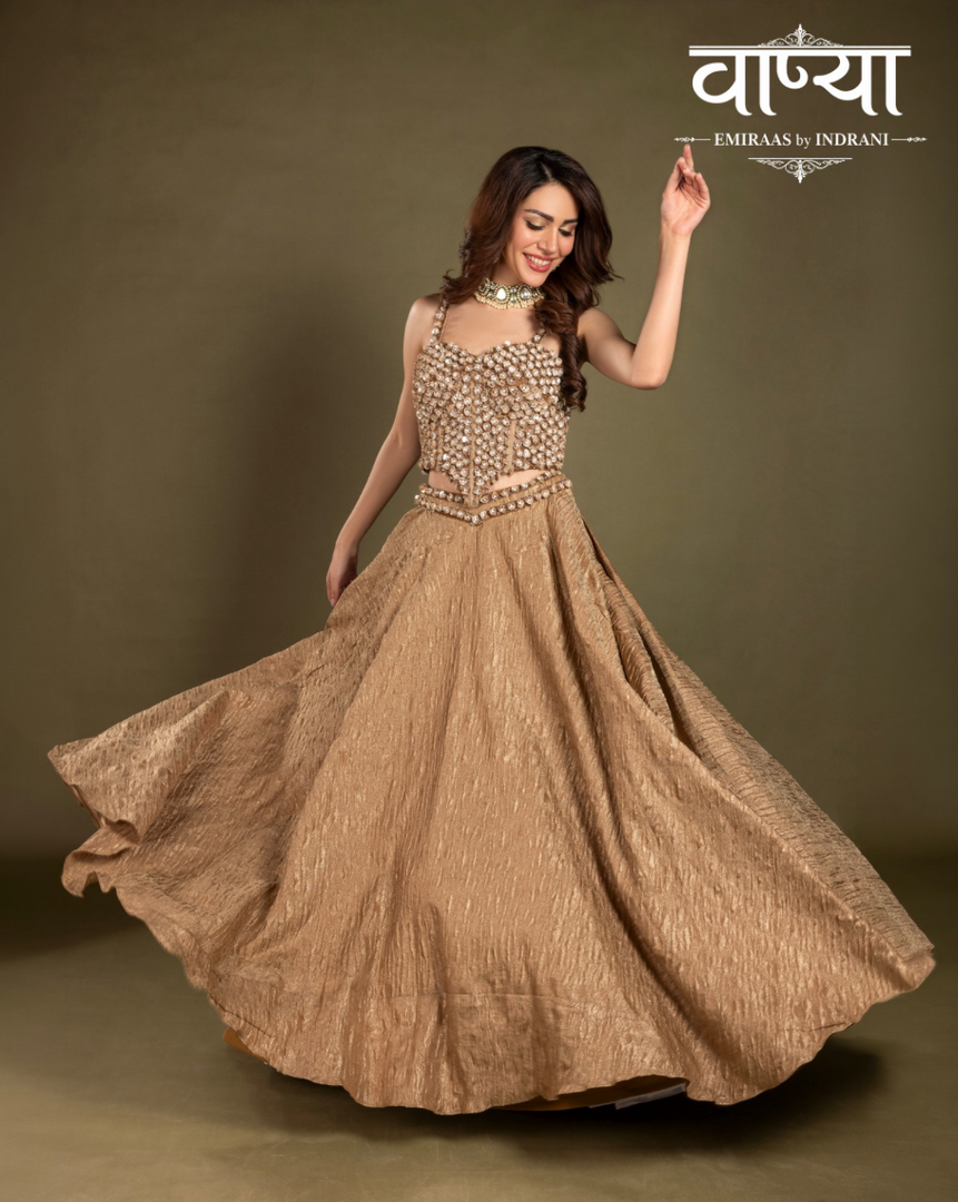 Geometric-patterned bodice with champagne-gold skirt