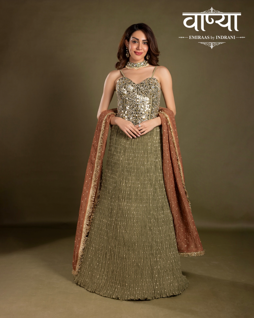 Olive-gold textured lehenga skirt with corset blouse