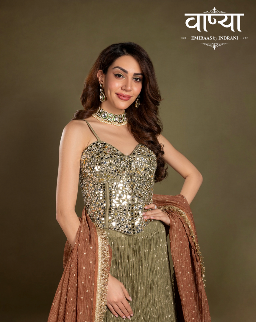 Olive-gold textured lehenga skirt with corset blouse