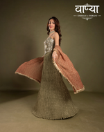 Load image into Gallery viewer, Olive-gold textured lehenga skirt with corset blouse