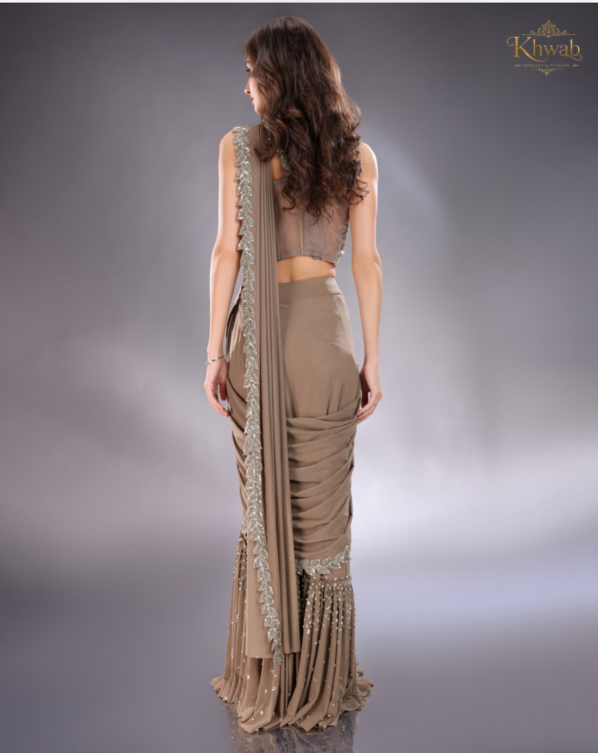 Grey Lycra Drape Saree with Organza Blouse