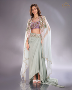 Load image into Gallery viewer, Sea Green Kaul Skirt with light purple blouse and organza cap