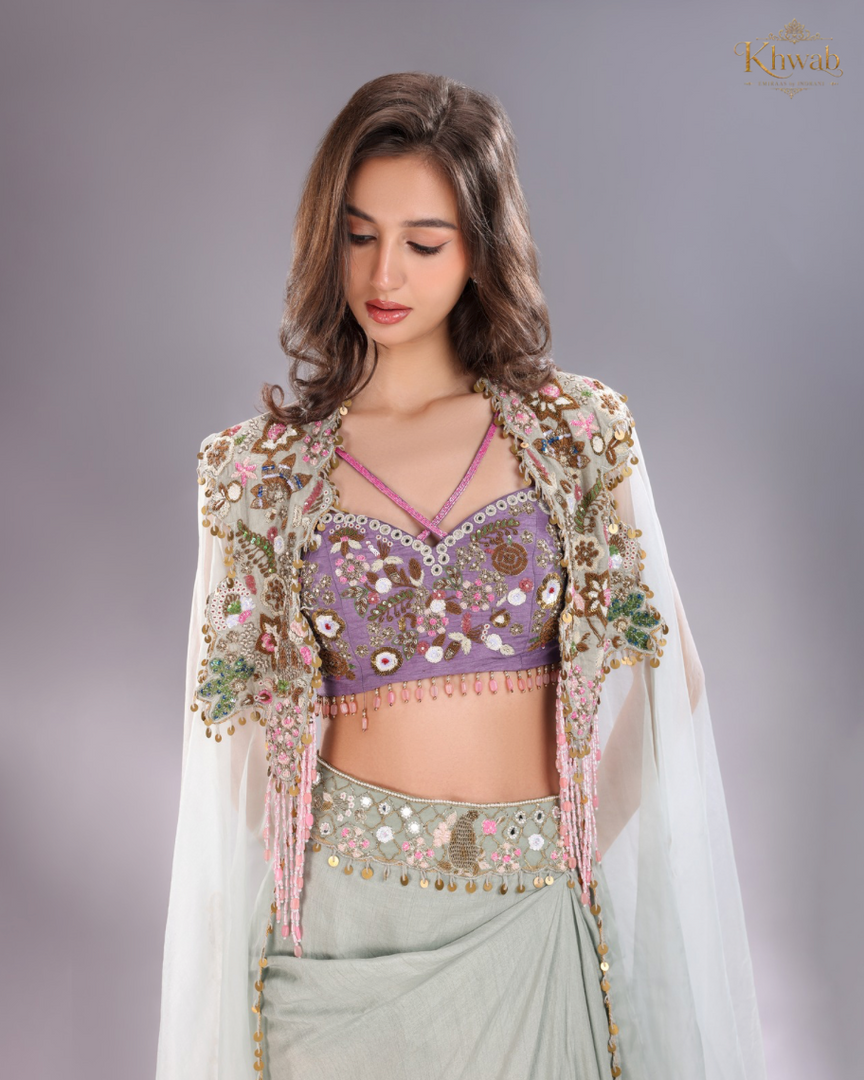 Sea Green Kaul Skirt with light purple blouse and organza cap
