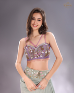 Load image into Gallery viewer, Sea Green Kaul Skirt with light purple blouse and organza cap