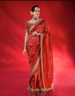 Load image into Gallery viewer, Elegant, fine-metallic vertical stripes Red Saree