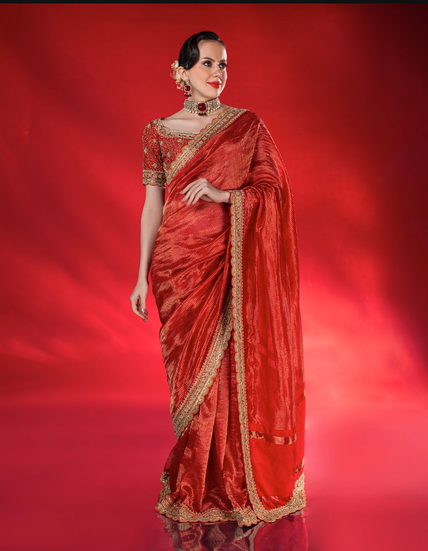 Elegant, fine-metallic vertical stripes Red Saree