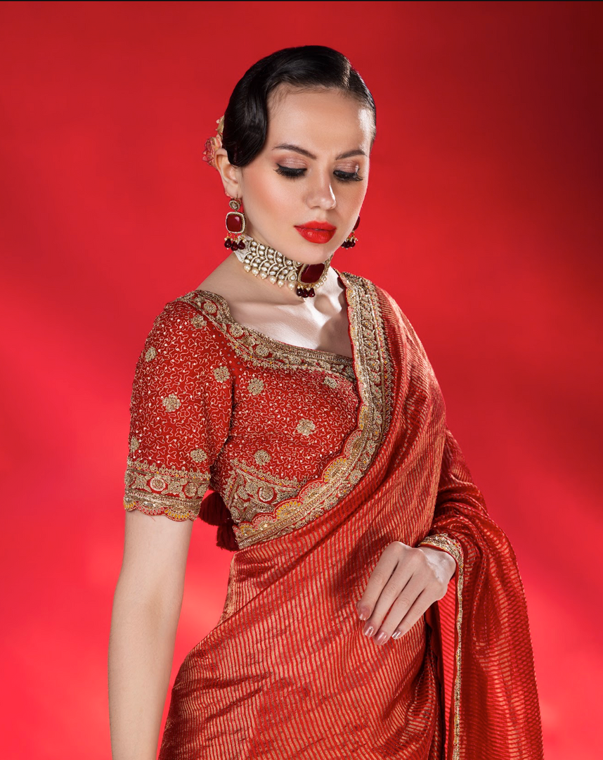 Elegant, fine-metallic vertical stripes Red Saree