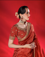 Load image into Gallery viewer, Elegant, fine-metallic vertical stripes Red Saree