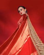 Load image into Gallery viewer, Elegant, fine-metallic vertical stripes Red Saree