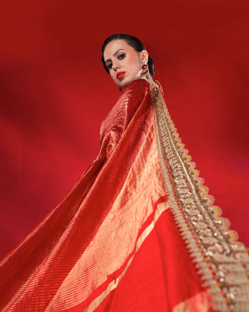 Elegant, fine-metallic vertical stripes Red Saree