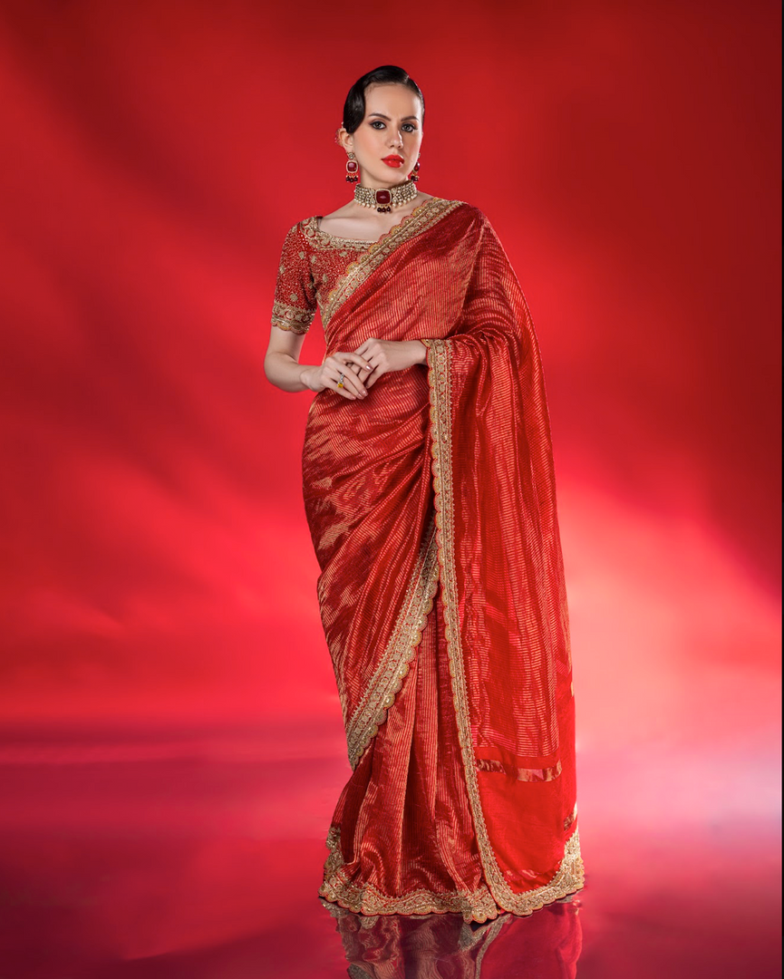 Elegant, fine-metallic vertical stripes Red Saree