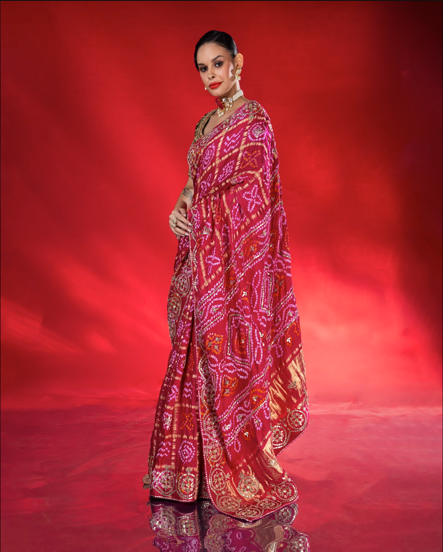 Magenta and Red Bandhani saree