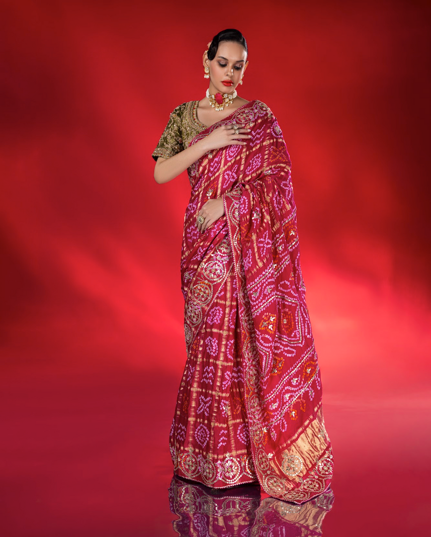 Magenta and Red Bandhani saree