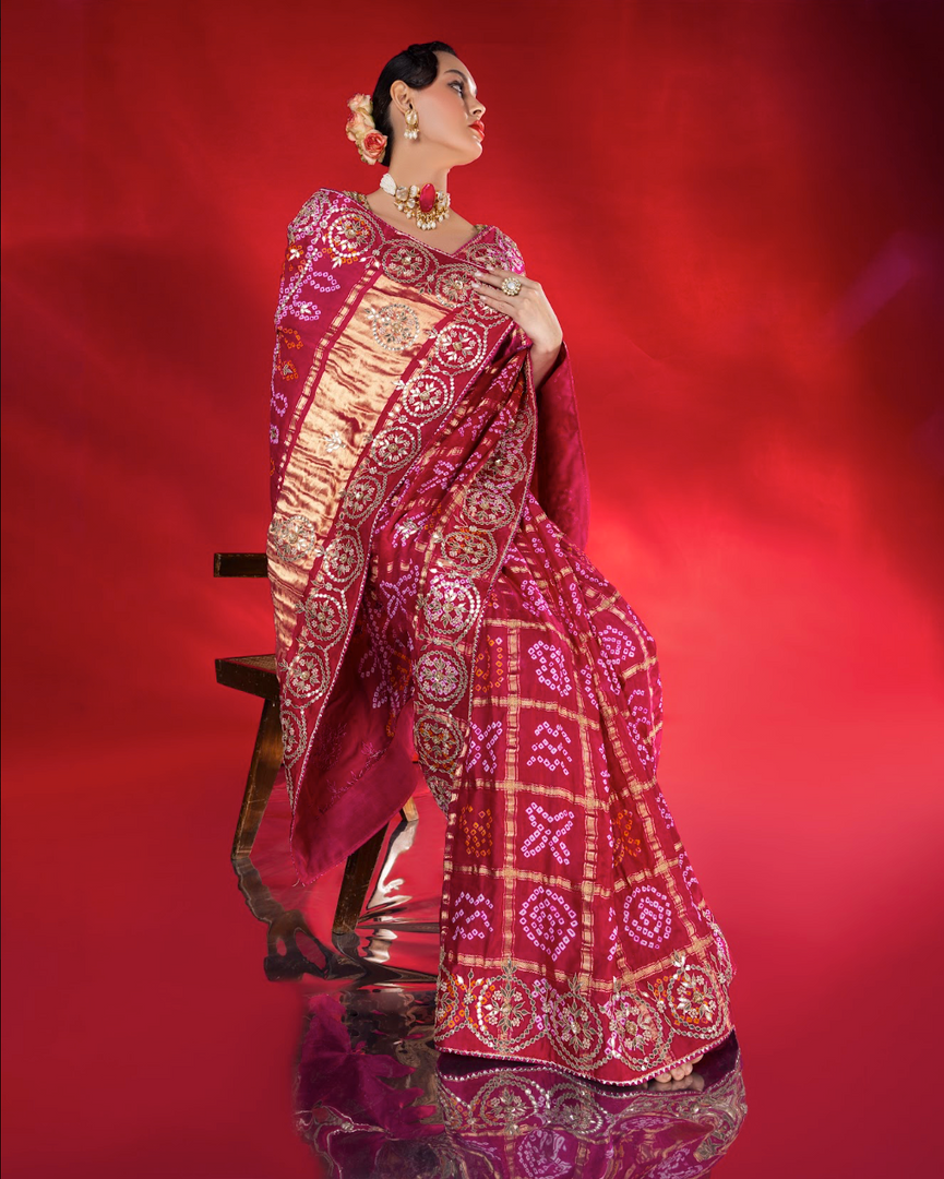 Magenta and Red Bandhani saree