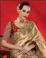 Load image into Gallery viewer, Exude ethereal elegance in this fluid gold tissue Saree