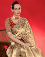 Load image into Gallery viewer, Exude ethereal elegance in this fluid gold tissue Saree