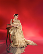 Load image into Gallery viewer, Exude ethereal elegance in this fluid gold tissue Saree