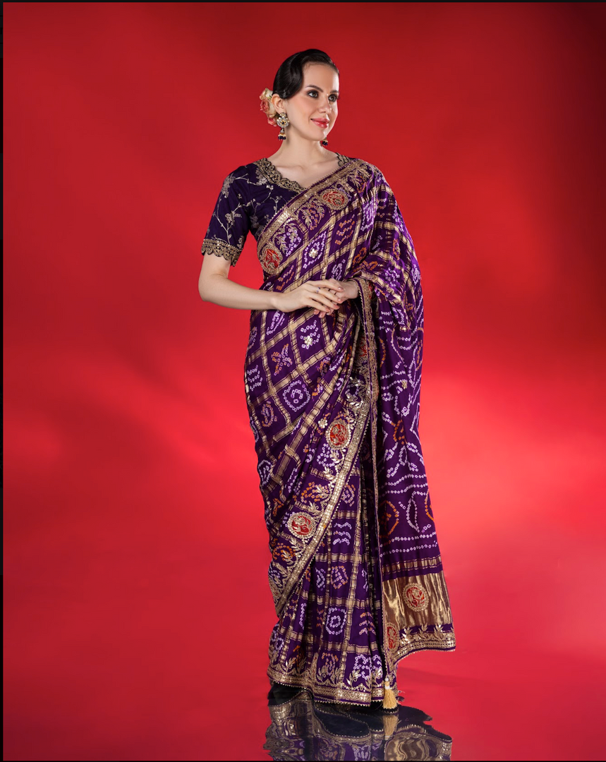 Purple gajji silk bandhani Saree with lagdi patta pallu and gotapatti work border with running blouse