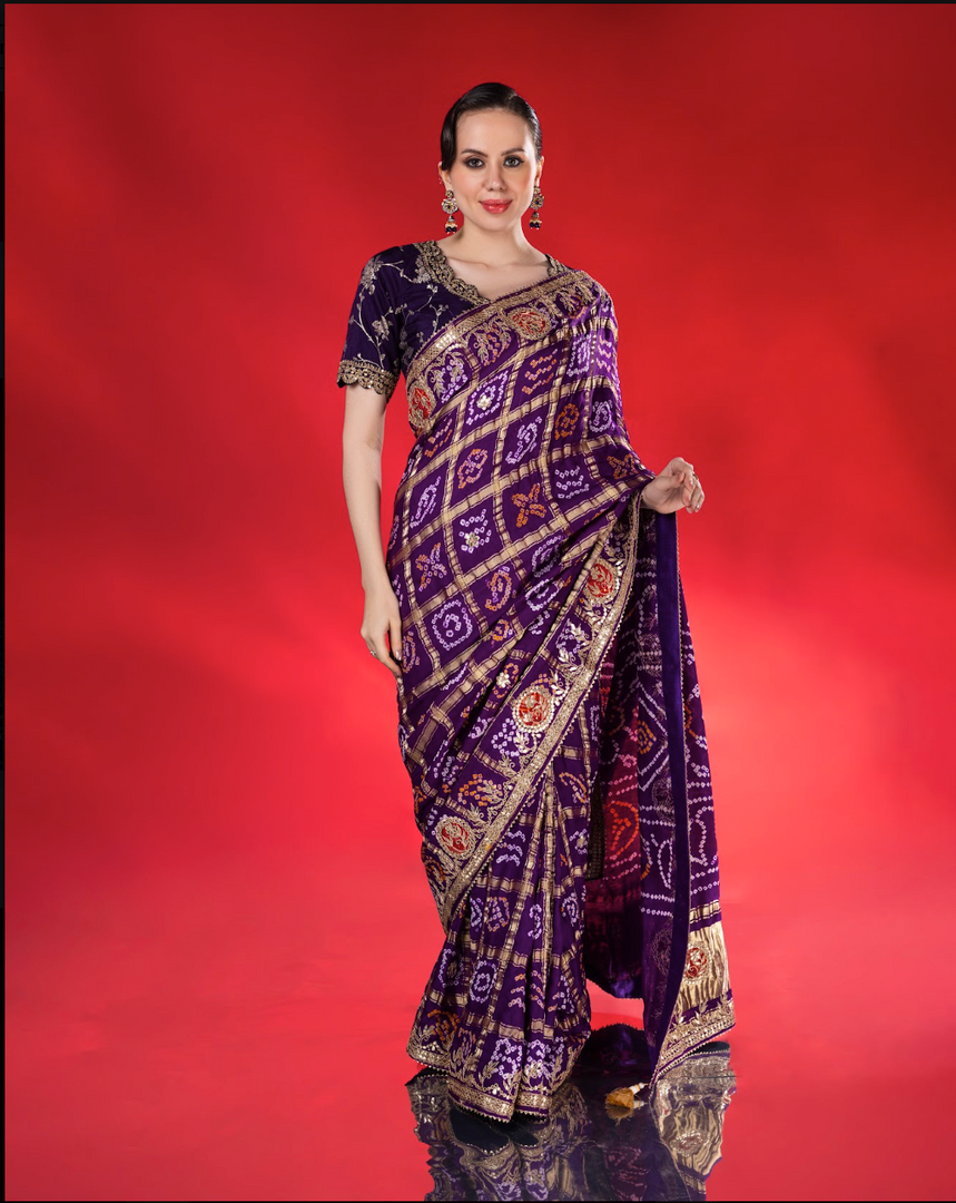 Purple gajji silk bandhani Saree with lagdi patta pallu and gotapatti work border with running blouse