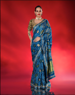 Load image into Gallery viewer, Blue gajji silk bandhani Saree with lagdi patta pallu and gotapatti work border with running blouse