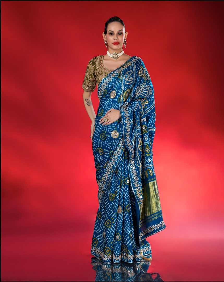 Blue gajji silk bandhani Saree with lagdi patta pallu and gotapatti work border with running blouse