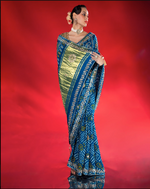 Load image into Gallery viewer, Blue gajji silk bandhani Saree with lagdi patta pallu and gotapatti work border with running blouse