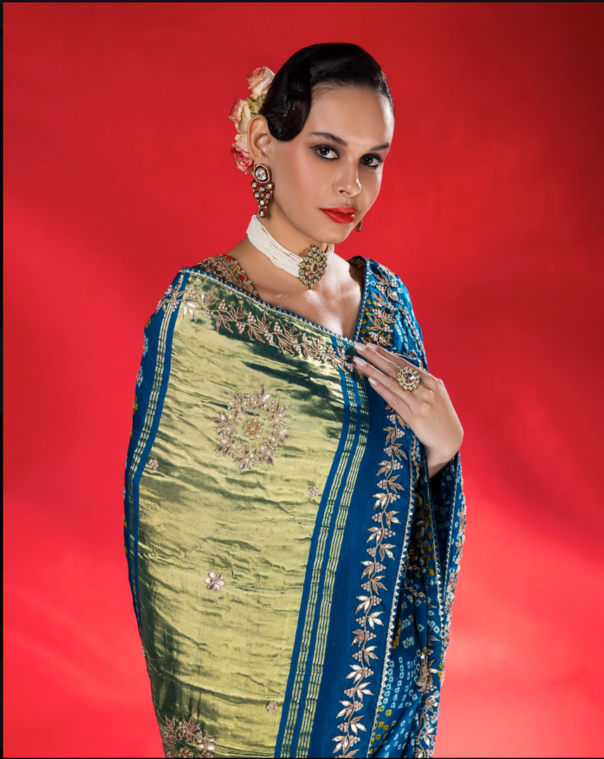 Blue gajji silk bandhani Saree with lagdi patta pallu and gotapatti work border with running blouse