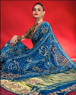 Load image into Gallery viewer, Blue gajji silk bandhani Saree with lagdi patta pallu and gotapatti work border with running blouse