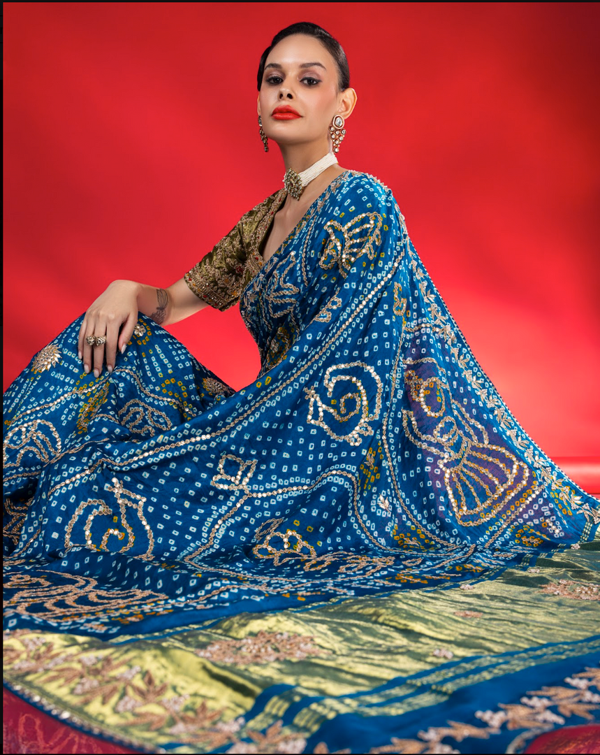 Blue gajji silk bandhani Saree with lagdi patta pallu and gotapatti work border with running blouse