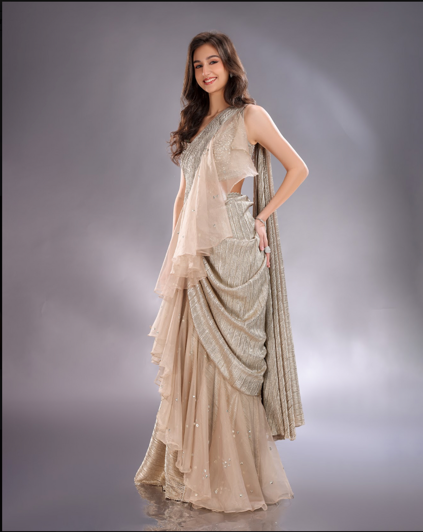 Grey emported drape Saree with orgamza blouse