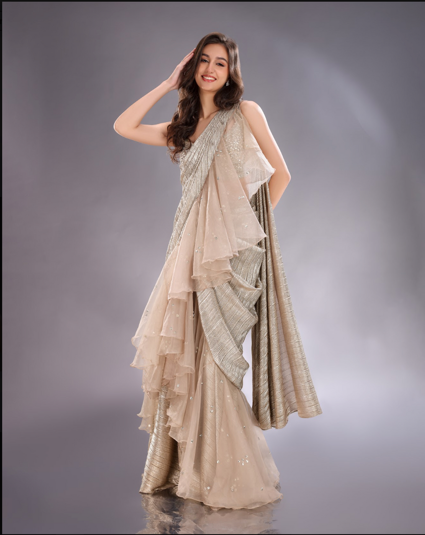 Grey emported drape Saree with orgamza blouse