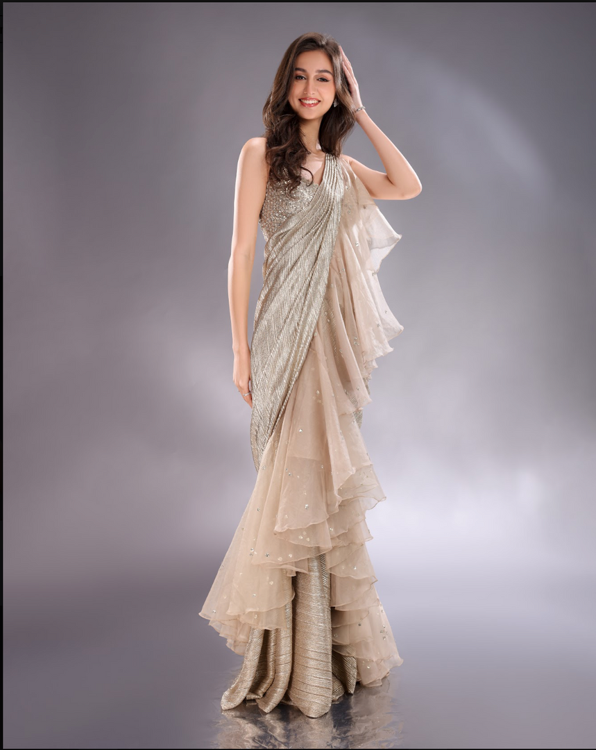 Grey emported drape Saree with orgamza blouse