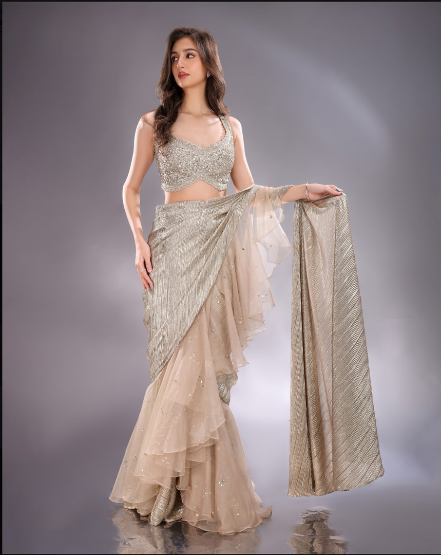 Grey emported drape Saree with orgamza blouse