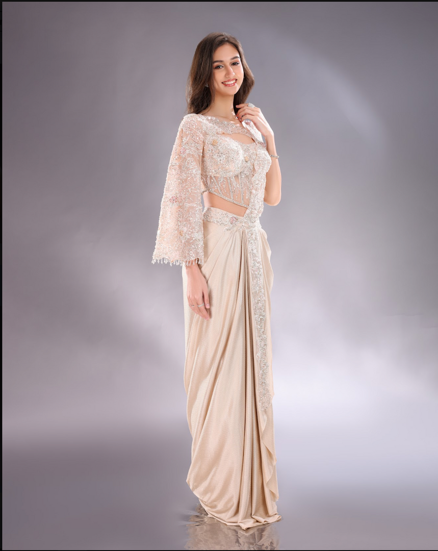 Ivory drape Saree with net blouse