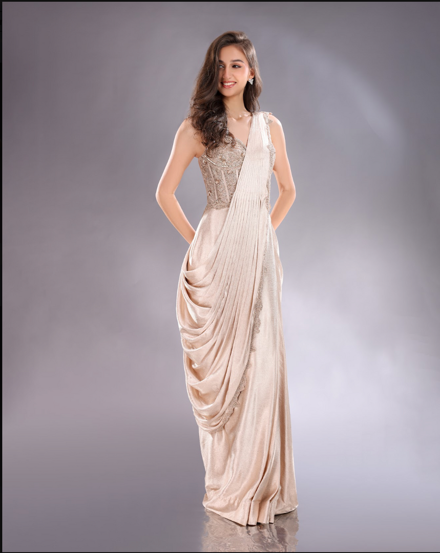 Golden drape Saree & heavy work blouse