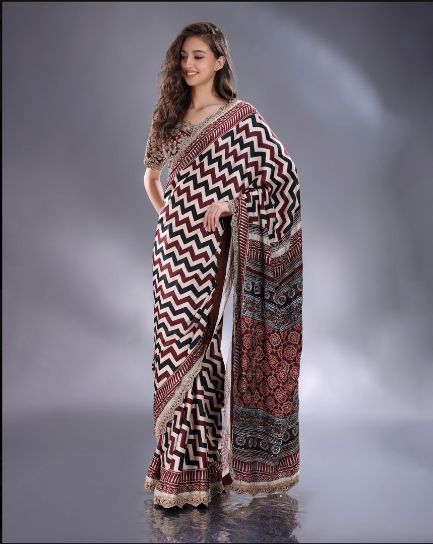 Ajrak print satin Saree with heavy unstitched blouse