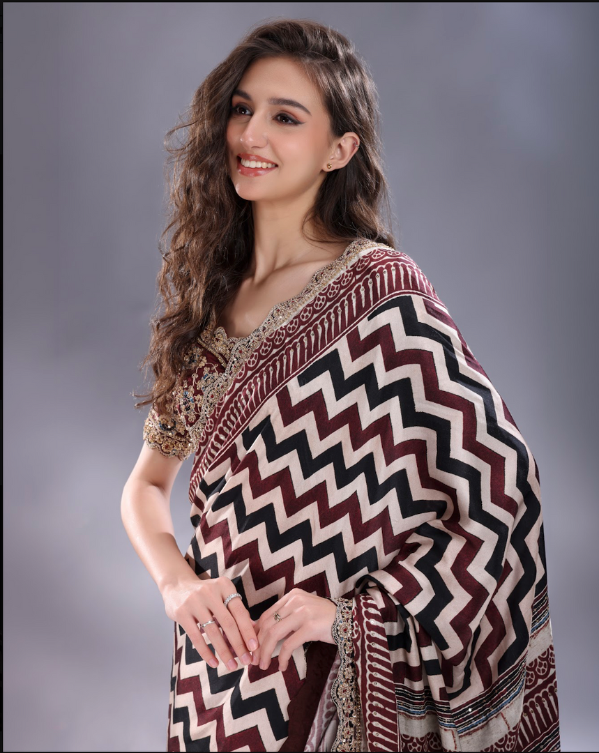 Ajrak print satin Saree with heavy unstitched blouse