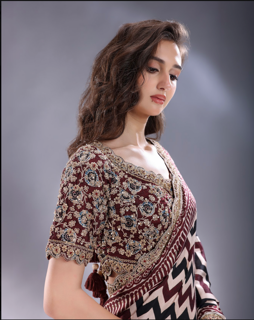 Ajrak print satin Saree with heavy unstitched blouse
