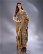 Load image into Gallery viewer, Mustard satin ajrak printed Saree with sequence highlight unstitched blouse