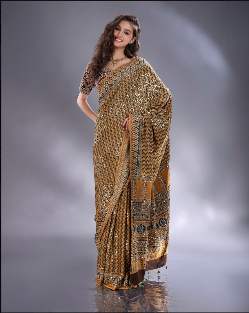 Mustard satin ajrak printed Saree with sequence highlight unstitched blouse