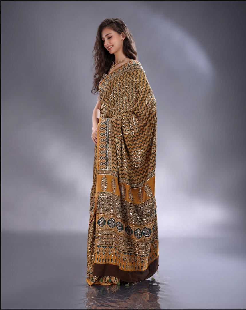 Mustard satin ajrak printed Saree with sequence highlight unstitched blouse