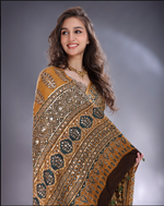 Load image into Gallery viewer, Mustard satin ajrak printed Saree with sequence highlight unstitched blouse