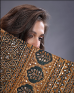 Load image into Gallery viewer, Mustard satin ajrak printed Saree with sequence highlight unstitched blouse