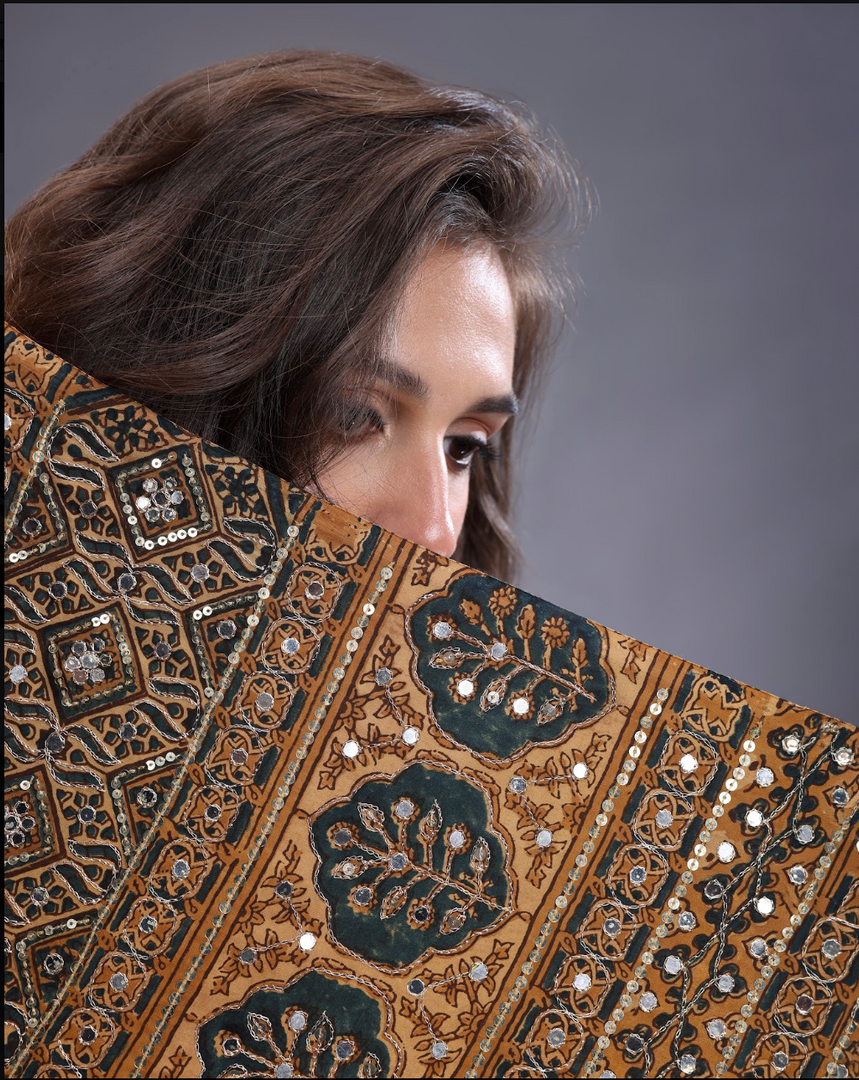 Mustard satin ajrak printed Saree with sequence highlight unstitched blouse